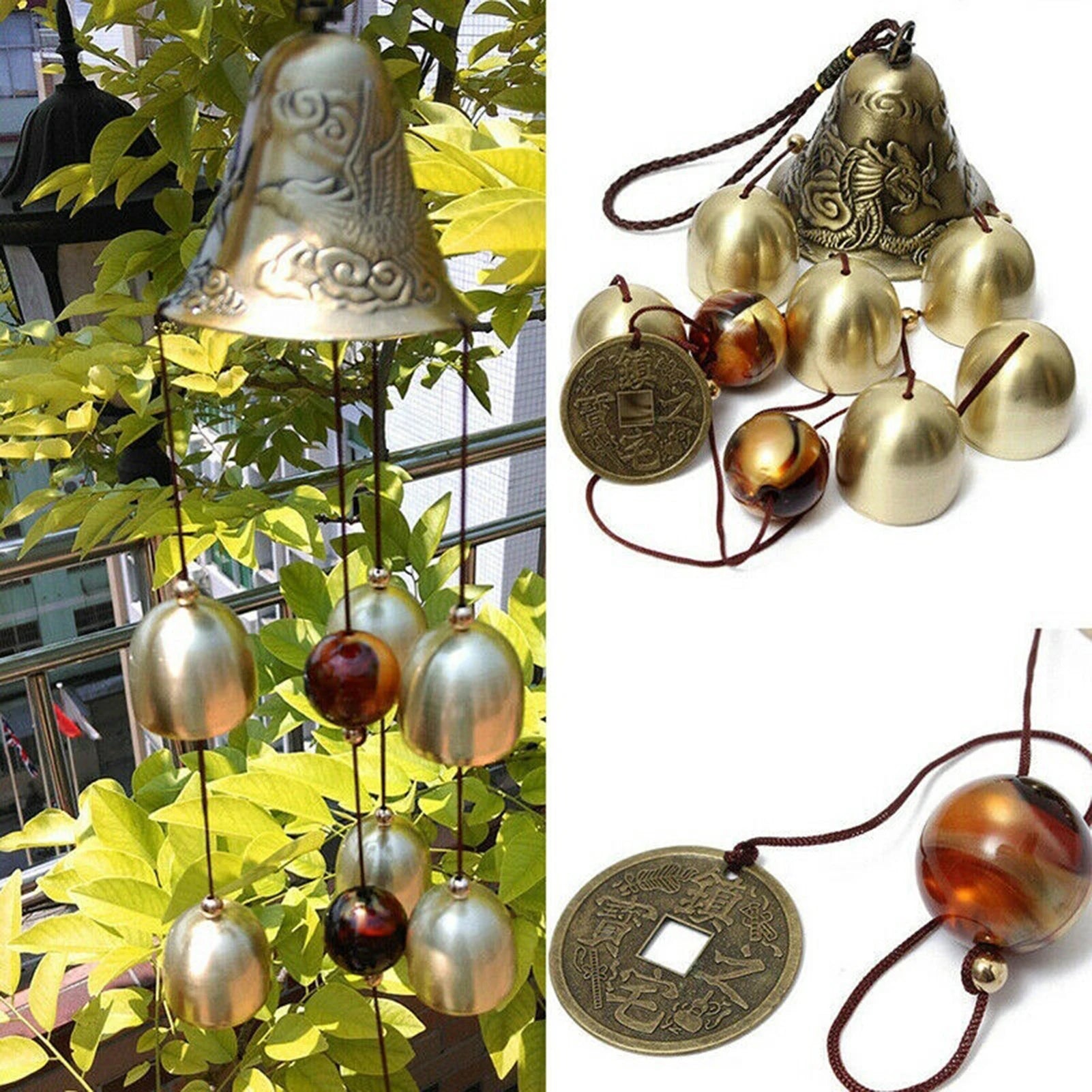 6 Copper Bells Outdoor Metal Wind Chimes Yard Garden Hanging Ornament Decor - mysticpandora