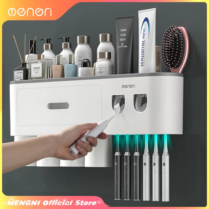 MENGNI-Magnetic Adsorption Inverted Toothbrush Holder Wall -Automatic Toothpaste Squeezer Storage Rack Bathroom Accessories - mysticpandora
