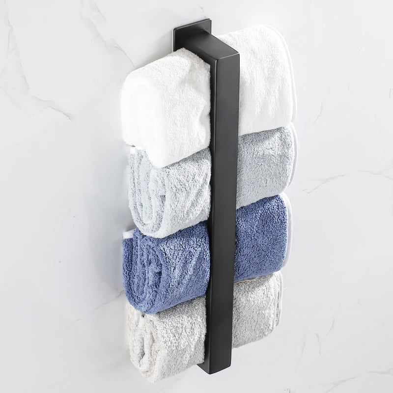 Black Stainless Steel Towel Holder No Drill Wall Towel Shower Shelf Kithchen Towel Hanger Rail Bathroom Towel Rack Self Adhesive - mysticpandora