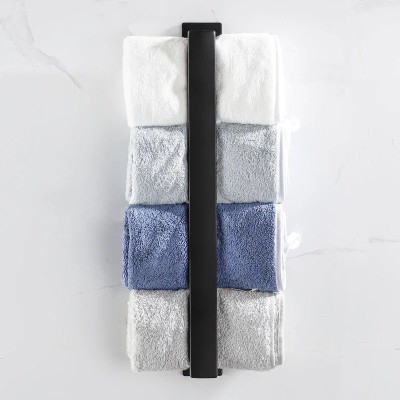 Black Stainless Steel Towel Holder No Drill Wall Towel Shower Shelf Kithchen Towel Hanger Rail Bathroom Towel Rack Self Adhesive - mysticpandora