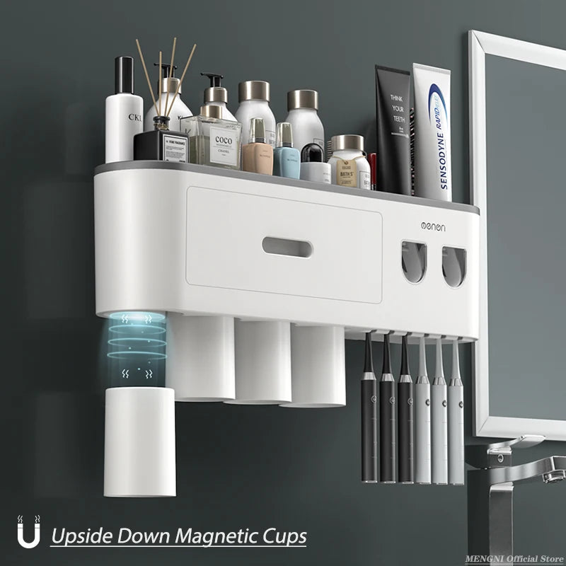MENGNI-Magnetic Adsorption Inverted Toothbrush Holder Wall -Automatic Toothpaste Squeezer Storage Rack Bathroom Accessories - mysticpandora