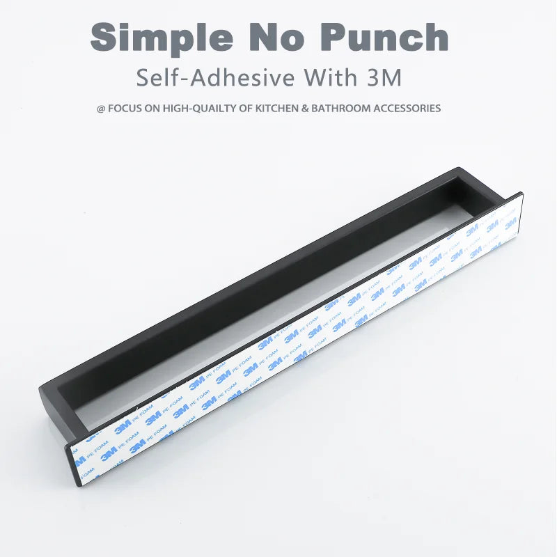 Black Stainless Steel Towel Holder No Drill Wall Towel Shower Shelf Kithchen Towel Hanger Rail Bathroom Towel Rack Self Adhesive - mysticpandora