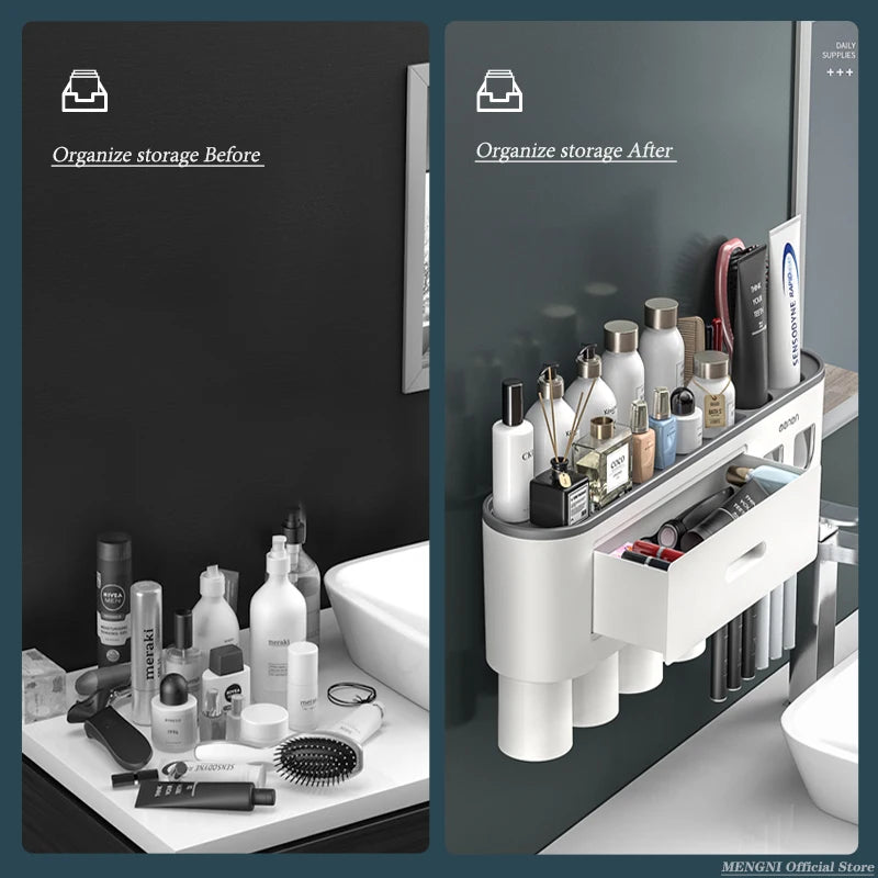 MENGNI-Magnetic Adsorption Inverted Toothbrush Holder Wall -Automatic Toothpaste Squeezer Storage Rack Bathroom Accessories - mysticpandora
