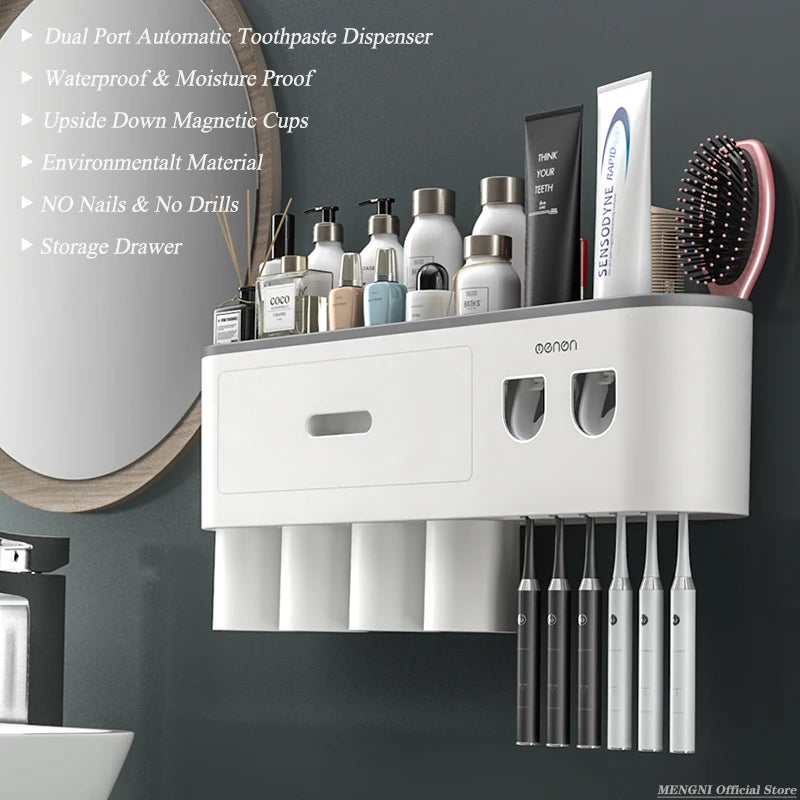 MENGNI-Magnetic Adsorption Inverted Toothbrush Holder Wall -Automatic Toothpaste Squeezer Storage Rack Bathroom Accessories - mysticpandora